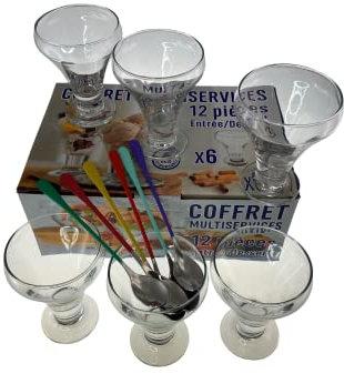 Lebrun Couverts - Coffret Glace Frosty - Entrée - Dessert - Set de 12 Pièces en Glace - Acier Inoxydable - Verre - Coupes sur pied 30,5 cl - Cuillères à Glace couleurs assorties - Set Vaisselle