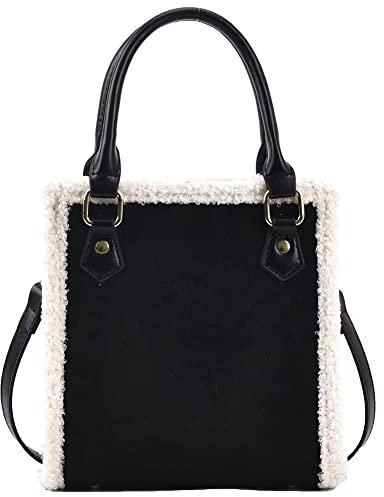 Mudono Handtaschen für Damen, kleine Wildleder-Tragetasche, quadratisch, Crossbody, Schultertasche mit Kunstfellbesatz und abnehmbarem Riemen, Schwarz, Small