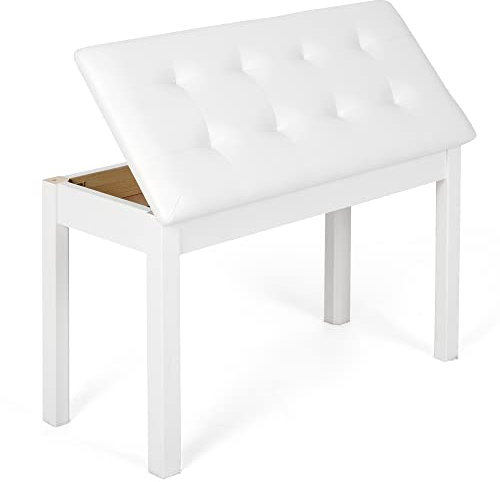 Wooden Duet Piano Bench with Padded Cushion and Storage Compartment, White