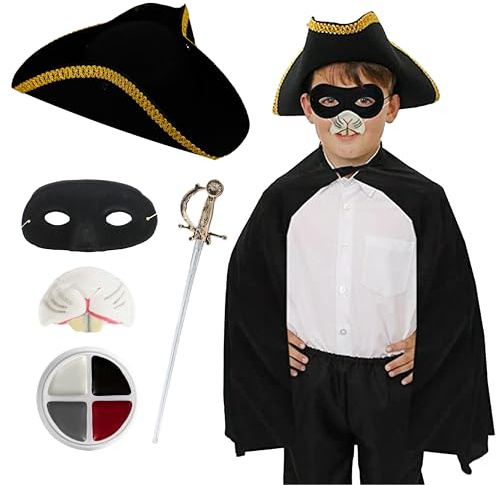 Highwayman gnagardräkt för barn – inkluderar svart cape, tricornhatt, råttnäsa, ögonmask, svärd i plast och ansiktsfärg – perfekt för världsbokdagen, halloween och kul för utklädning