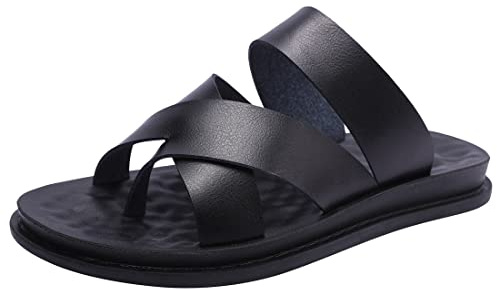 Harssindanzar Sandali infradito da uomo,Sandali in pelle Flip-Flops Slip On Cross Straps Slide Sandali Toe Ring Style per gli uomini KM221EU,Nero,taglia 43