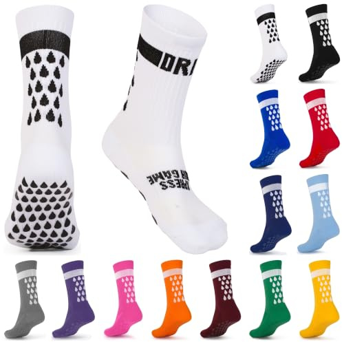 DRIPsox® Fußball-Grip-Socken für Kinder, Junior, Damen und Herren, 1 Paar, weiß, rutschfest, tropfendes Design, 5 Größen (XS: 13C-2, S: 3-5, M: 6-8, L: 9-11, XL: 12-14), weiß / schwarz, XS