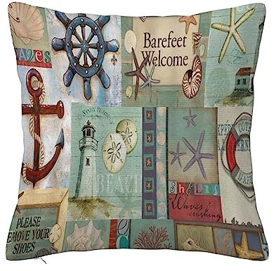ERICAT Überwurf Kissen Fall Quadratisch Kissenbezug,Navigation Vintage Marine Anker Schiff Helm Leuchtturm Seestern Rettungsring,Home Dekorative Sofa Sessel Schlafzimmer Wohnzimmer 45x 45cm