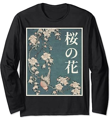 Sakura, fleur de cerisier pleureur japonais, bouvreuil, hokusai Manche Longue