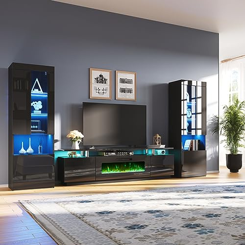 AMERLIFE Entertainment Center with Fireplace and Bookcases, Includes 80 2-Tier Fireplace TV Stand with 40 Fireplace, 2 x High Gloss Bookshelves with LED Lights & Glass Doors, Obsidian Black