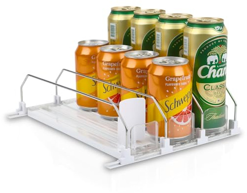 Soda Can Dispenser for Refrigerator - 3 Row Automatic Pusher Glide, Fridge Bottle Rack Drink Organizer, Self-Pushing Width Adjustable Beverage Storage Holds Up to 12 Cans (12.2inch, White)