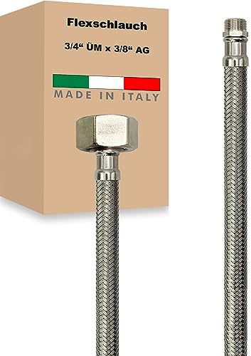 Flexschlauch ÜM x AG Edelstahl Panzerschlauch Anschlußschlauch Sanitär Armaturenschlauch Hauswasserwerk Made in Italy (3/4 x 3/8 - 800 mm)