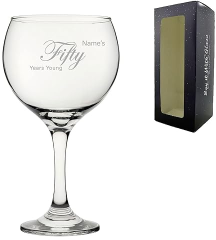 Personalised Engraved 50th Birthday Gin and Cocktail Glass, Name's 50 Years Young, Gift for Women, Mum, Auntie, Curly Font, 640ml or 22.5oz Cubata Gin Balloon, Engraved in The UK