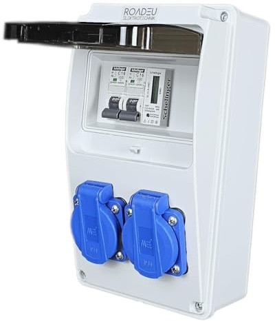 RoadEu - Répartiteur de Courant 230V avec Compteur - 2x Prises avec Disjoncteurs C16A. Compteur électrique numérique