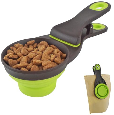 Cdipesp Pelle à nourriture multifonction 3 en 1 pour chien avec mesures et clip pour sac, tasse à mesurer pliable pour animaux en silicone, cuillères à mesurer en silicone, capacité de 1 tasse, vert,