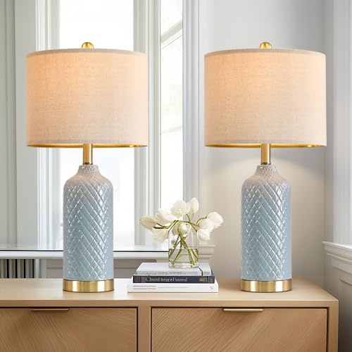 24.25 Modern Ceramic Blue Table Lamps Set of 2 for Living Room Bedroom Bedside Table Lamp for Night Stands Boho Nightstand Lamp Coastal Side End Table Lamps Reading Light Home Office Dorm Deco Gifts
