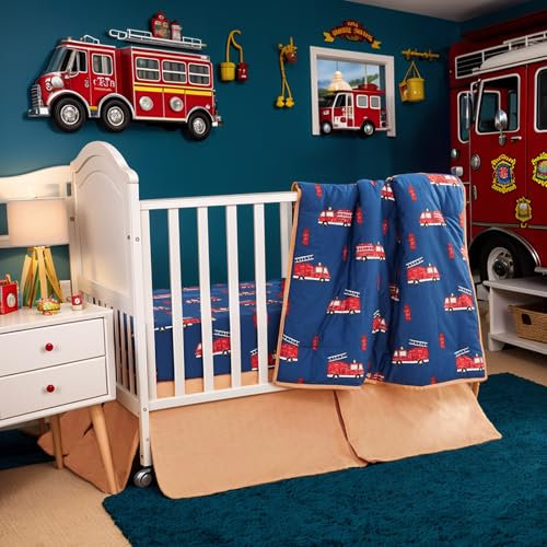 Brandream 6-teiliges Bettwäsche-Set für Kinderbett, Feuerwehrauto, 100 % Baumwolle, Blau / Rot