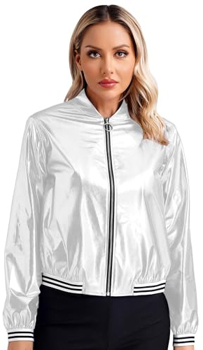 FEESHOW Damen Metallic Jacke Langarm Holographic Baseball Jacke Mit Reißverschluss Glänzende Party Festival Oberteil
