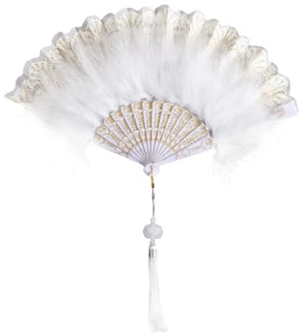 1920s Vintage Feather Fan Embroidered Flower Marabou Feather Fans Folding Handheld Fan with Tassels Roaring 20s Vintage Style Flapper Hand Fans for Gatsby Party Costume Dancing Tea Party White