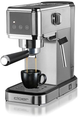 Cloer 5829 Máquina de café espresso, Cafeterea espresso con espumador de leche, 20 bares, 1350W, Diseño delgado, 1-2 tazas espressos, cappuccinos, latte macchiato, Apagado de seguridad