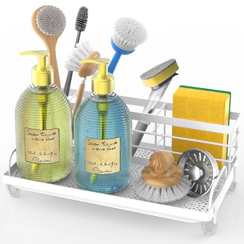 Cisily Kitchen Sink Caddy Organizer, Rustproof Non-Slip Soap Dish Dispenser Brush, Sponge Holder, Organization and Storage, Home Essentials Accessories (White)