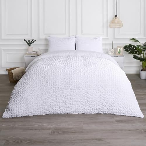 OHS White Bedding King Size Duvet Cover Sets, Geometric Seersucker Duvet Cover Luxurious Embossed Waffle Bedding Quilt Covers King Size with Matching Pillowcases