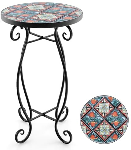 GOPLUS Mosaiksidobord, Ø 30/35 cm runt trädgårdsbord med metallram, blompall, blomhylla med mosaikplatta, retro mosaikbord för balkong och terrass (grön och röd, Ø 30 cm)
