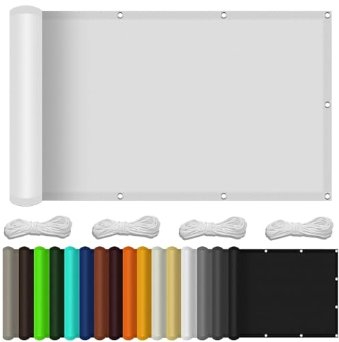 Balkon Sichtschutz 60 x 160 cm Premium Polyester Balkonverkleidung Sichtschutzzaun mit Ösen Kabelbinder Und Kordel Sichtschutz für Balkon Terrasse, Weiß