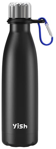 YISH Borraccia Termica Termos Acqua:Borraccia Acciaio Inox 500ml per Acqua Frizzante con Moschettoni Senza BPA Caldo/Freddo per 10 Ore Sport,Palestra,Bici,Campeggio,Viaggi,Famiglia,Nero