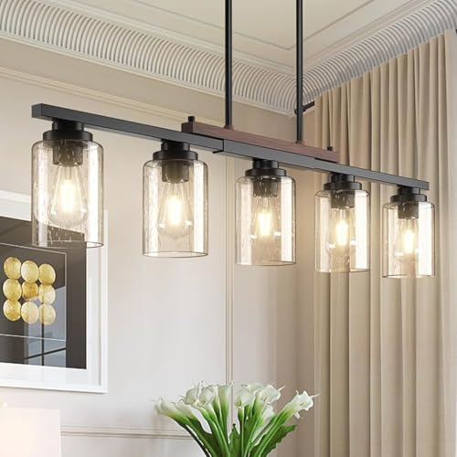 HvKvHvY 5-flammige Kronleuchter-Deckenleuchte, E27, Vintage, rustikale Küchenleuchten, Decken-Industrie-Hängeleuchten aus Metall und Glas, mattschwarze Pendelleuchte für Schlafzimmer, Flur, Küche