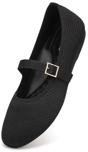 Frank Mully Women's Mary Jane Flats Comfortable Dressy Ballet Flats Casual Round Toe Slip On Washable Knitted Fabric Office Work Woman Shoes Black,8