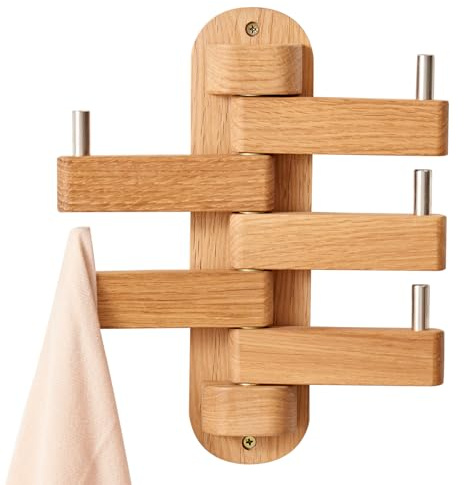 TREOAKWIS Perchero de Pared Madera de Roble, 5 Ganchos Estante de Pared Para Abrigos, Chaquetas, Bufandas, Bolsos, Percheros de Madera para Salón, Dormitorio (Natural)