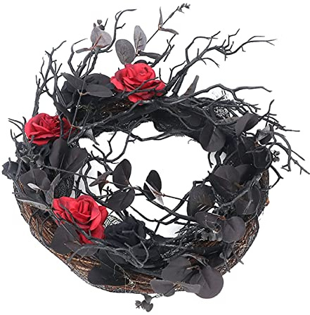 Halloween-Türkranz mit Eukalyptusblättern, rote Rose, Halloween-Kranz für Haustür, künstlicher schwarzer Eukalyptuszweigkranz, schwarzer Kranz für Gothic, Halloween, Heimdekoration