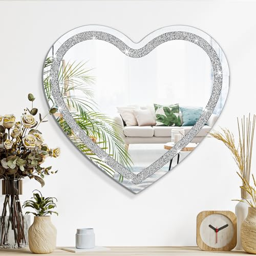 Lzuso Specchio da Parete in Cristallo Argento con Bling Senza Cornice Specchi per Parete a Diamante Decorativi per Casa, Camera da Letto, Bagno, Ingresso, Corridoio Specchio da Appendere 50x50cm