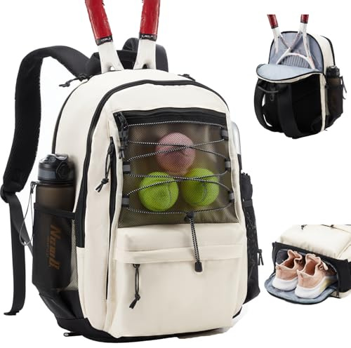 LANBX Tennisväska, tennisryggsäck för kvinnor män 2 racketar med isolerad ficksko jämförelse för pickleball tennis badminton (beige)