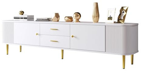 TV-Schrank, Lowboard 2 Schubladen und 2 Türen, Fernsehtisch Design mit Abgerundeten Ecken, TV Sideboard Wohnzimmer 110 Pfund Gewichtskapazität, Goldene Griffe und Beine, Gewellter Rand, 170×34×45cm