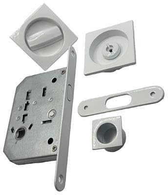Kit Serratura Quadro in Zama per Porte Scorrevoli – Chiusura a Incasso con Gancio, Bocchetta Rotonda in Acciaio (Bianco) | Chiusura a Incasso, Con Gancio, Bocchetta Rotonda, Acciaio