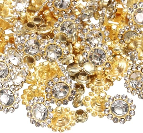 sourcing map Juego de 100 remaches de diamantes de imitación de 11 mm, remaches de cristal de flor de sol, puntos de diamante, tachuelas de artesanía en cuero para ropa, decoración de tela de cuero,