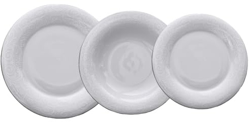 Omniacasa Tasmin Platinum - Vajilla de 41 piezas de porcelana blanca con hilo platino y decoración en relieve clásica y elegante, para 12 personas, 36 platos, 3 platos de servir, 1 sopera