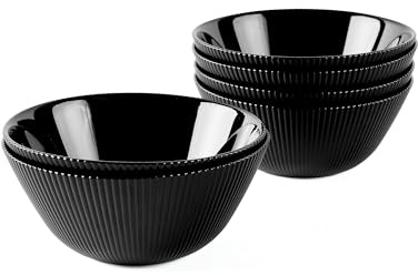LaGlint 6 inch Cereal Bowl Set of 6 Black Ribbed 20 oz (568 ml) Opal Glass | ideal for breakfast, cereal, soup & rice, microwave & dishwasher safe, lightweight tableware, ribbed design