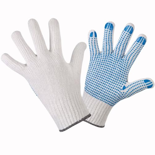 FLG FINISH LINE GERMANY Arbeitshandschuhe – Weiße Baumwoll-Strickhandschuhe mit blauen PU-Noppen – EN 388 geprüft – rutschfest & atmungsaktiv – perfekt für Montage, Umzug, Lager (7)