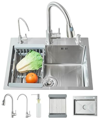 TVTIUO Fregadero de Cocina de Acero Inoxidable con Grifo Extraíble, Dispensador de Agua Pura y Jabón Líquido, Fregadero de Cocina de Acero Inoxidable Cepillado (55 cm × 45 cm)