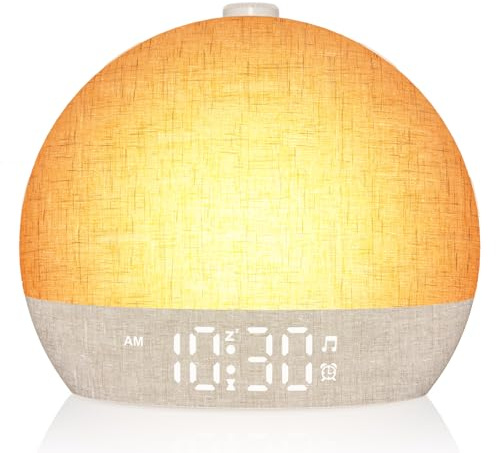 Wake Up Light Sunrise Alarm Clock, White Noise Sound Machine with 30 Soothing Sounds, Dimmable Night Lights, Sleep Aid, Snooze, Timer, Loud Alarm Clock for Heavy Sleepers Adults Kids, Ideal for Gift