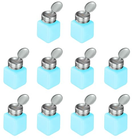 sourcing map 10pcs Solvent Alcohol Dispenser 120ml(4oz) Nail Polish Remover Push Down Liquid Dispenser Pump Bottle with Stainless Steel Press Head for Acetone Solution, Blue
