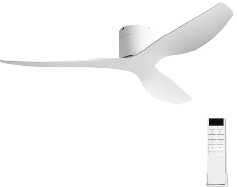 BUENION 52-Inch White Ceiling Fan Without Light, Modern Low-Profile Flush Mount Fan with Remote, 6-Speed Reversible Quiet DC Motor,for Balcony, Living Room, Bedroom (No Light)