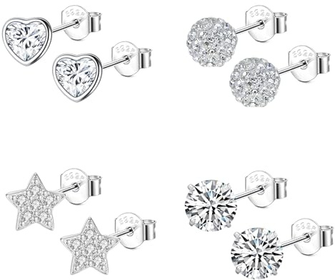 Hinvan Pack de 4 Pares Pendientes de Plata 925 para Mujer Niña con Circonita Diamante Pendientes Corazón Plata Aretes de Mujer Plata Pendientes de Estrella Hipoalergénicos