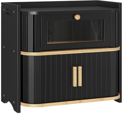HOOBRO Bread Box, Bamboo Bread Box for Kitchen Countertop, 2 Tier Roll-Top Bread Bin, Food Storage Box, Bread Storage Container, for Kitchen, Dining Room, Black and Natural BK16MB01