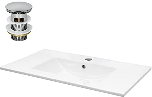 LuxeBath Waschbecken Keramik Weiß 710x465x175 mm eckig mit Ablaufgarnitur Silber, Einbauwaschbecken mit Hahnloch/Überlauf, Aufsatzwaschbecken Einbauwaschtisch Waschschale Waschplatz Handwaschbecken