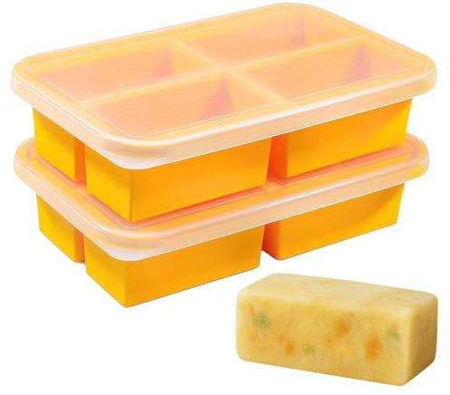 Paquete de 2 bandejas de silicona para congelador con tapa, moldes de silicona para congelador, recipientes para congelar sopa, caldo, salsa y hielo, recipiente grande de 4 compartimentos para