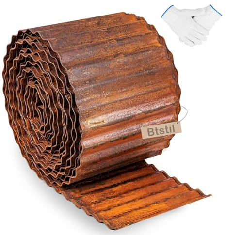 Btstil Metal Garden Edging, 6 Inch x 20FT Corrugated Metal Garden Edging Border, Heavy Duty Landscape Edging for DIY Flower Beds, Lawns, Pathway, 1 Pair of Assembly Gloves (Pre-rusty, 6 Inch x 20FT)