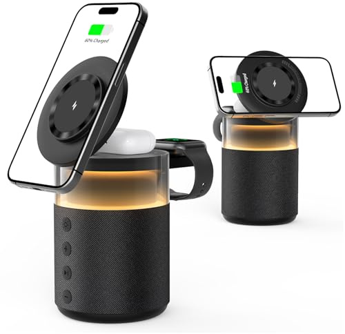 3-in-1 Bluetooth-Lautsprecher mit Nachtlicht und kabellosem Ladegerät, dimmbare Nachttischlampe mit Induktionsladestation – Kompatibel mit iPhone 17/16/15/14/13/12 Pro Max, Apple Watch 33W (Schwarz)