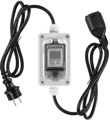 Peviasot Compteur électrique mobile 230 V, IP67, avec 2 câbles de 1,5 m | Écran LCD avec fonction mémoire et bouton de réinitialisation pour mesure mobile