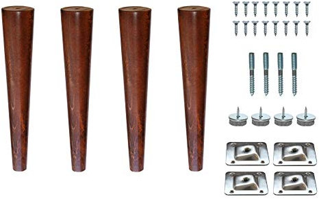 8’’ Wooden Tapered Cone Furniture Replacement Legs Walnut M8 Thread Angled Mounting Plates Protective Felt Pads Set of 4 Legs for Sofa Cabinet Footstool Chair Bed Ottoman 20 CM