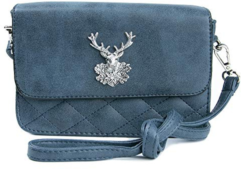 Trachten: Tasche in Wildleder-Optik mit HIrschbrosche, Trachtencluch, Oktoberfest Tasche zum Dirndl (Jeansblau)