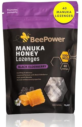 BeePower All Natural Manuka Honey Lozenges | Cough Drops for Soothing Dry, Sore Throat | Contains 40 Lozenges Black Elderberry Flavor | MGO 500+ 6.7 Oz
